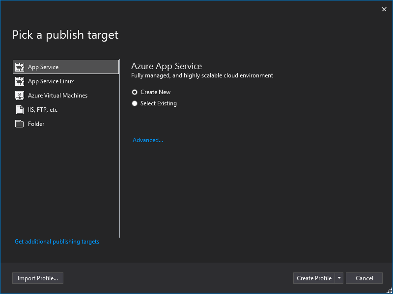 Visual Studio Pick a publish target dialog box screenshot