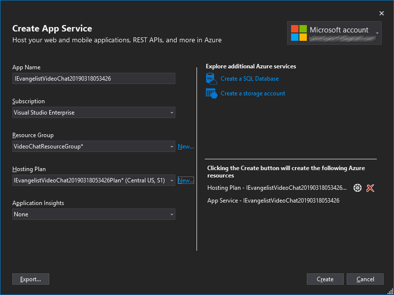 Visual Studio Create App Service dialog box screenshot