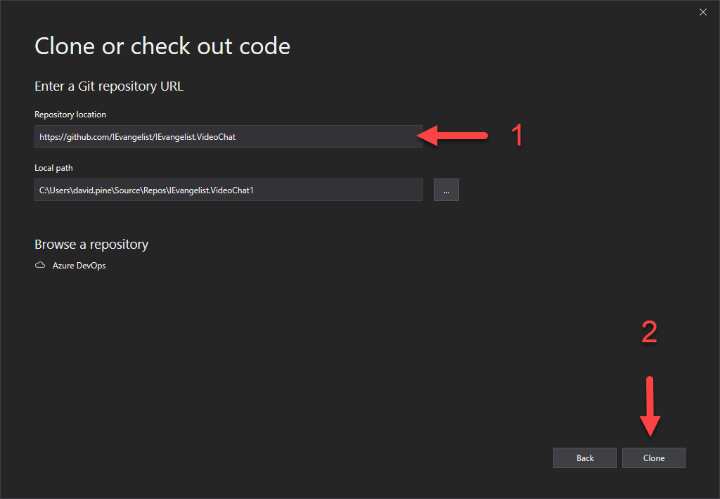 Visual Studio Clone or check out code selected project screenshot