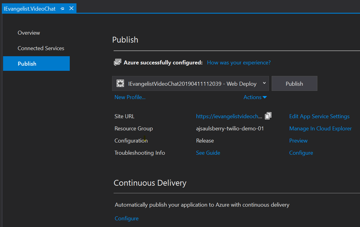 Visual Studio Publish dialog box for Azure showing selections screenshot