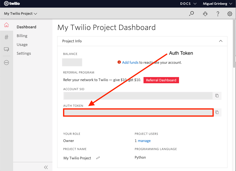 How to find the Auth Token in the Twilio Console