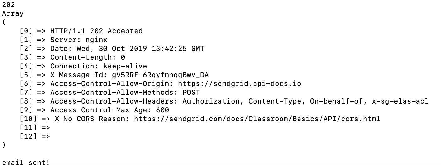 SendGrid email response in console window