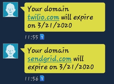 Example renewal messages from NameCheap and Twilio