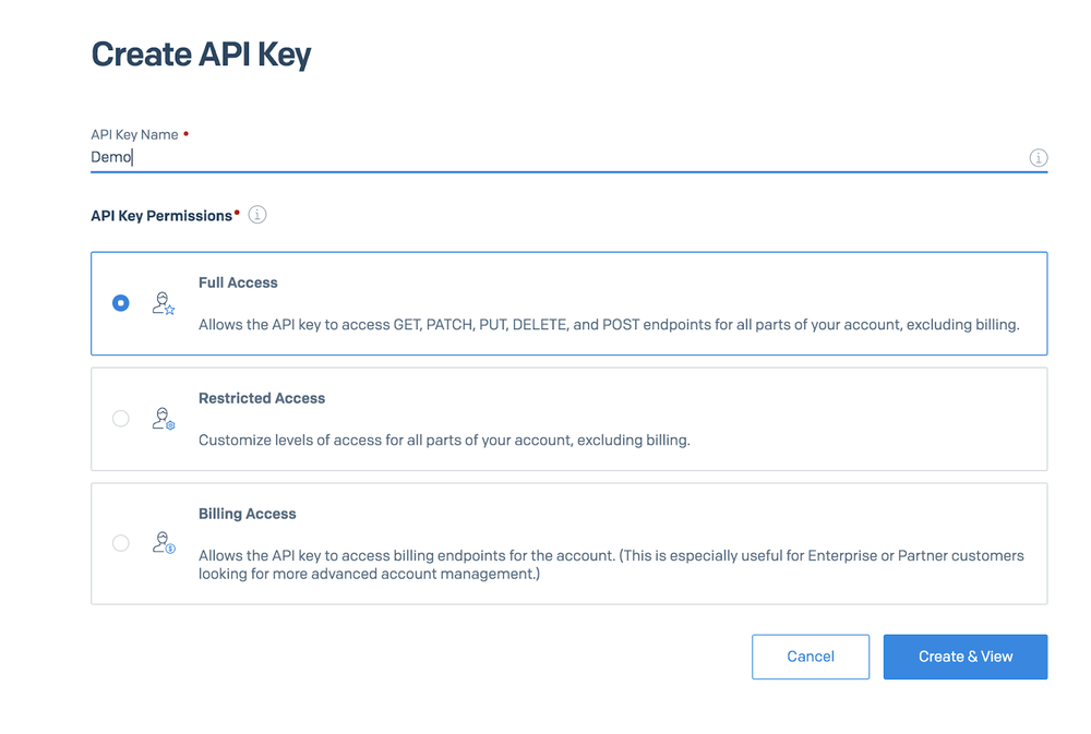 Screenshot of API Key Creation in sendgrid