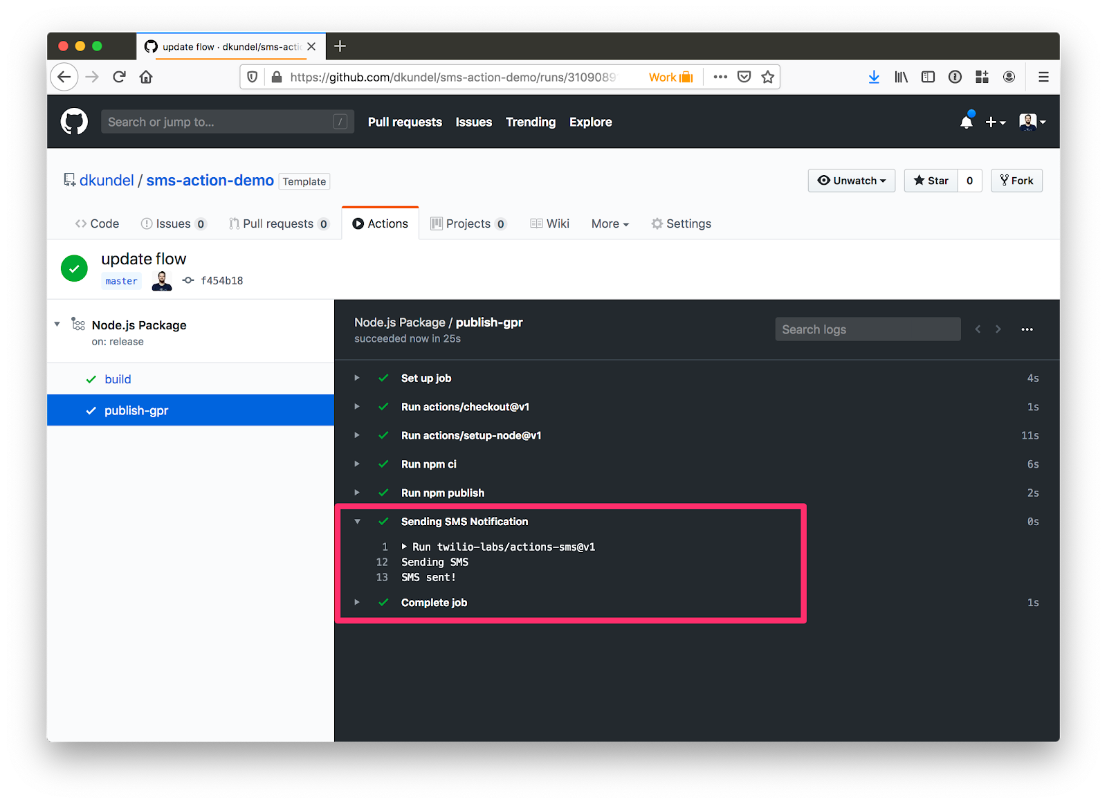 screenshot of a successful GitHub actions run with the SMS confirmation highlighted