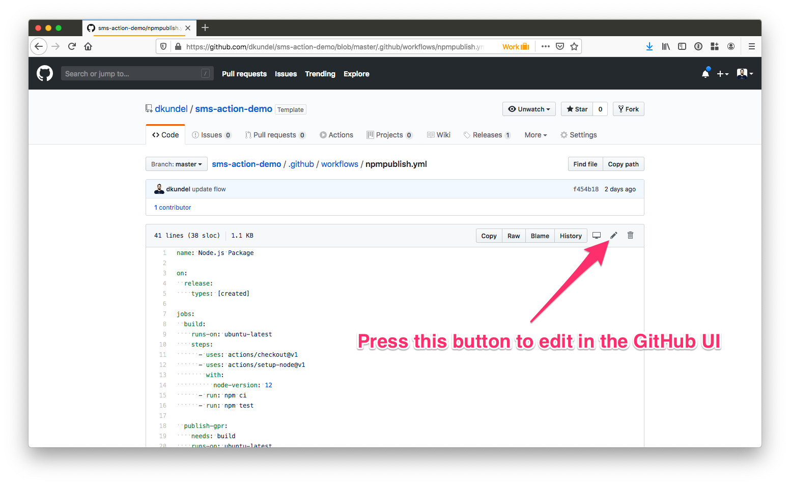 screenshot of GitHub view of the workflow file with an arrow pointing to the edit button
