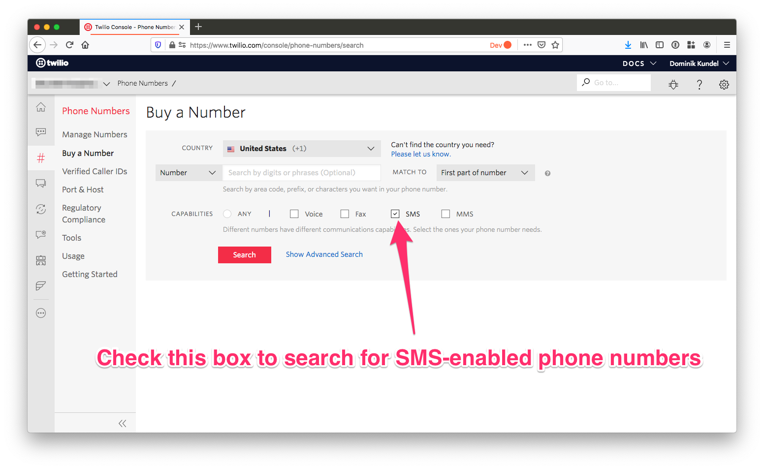 screenshot of Twilio Console with arrow pointing at SMS capability checkbox in Phone Numbers screen