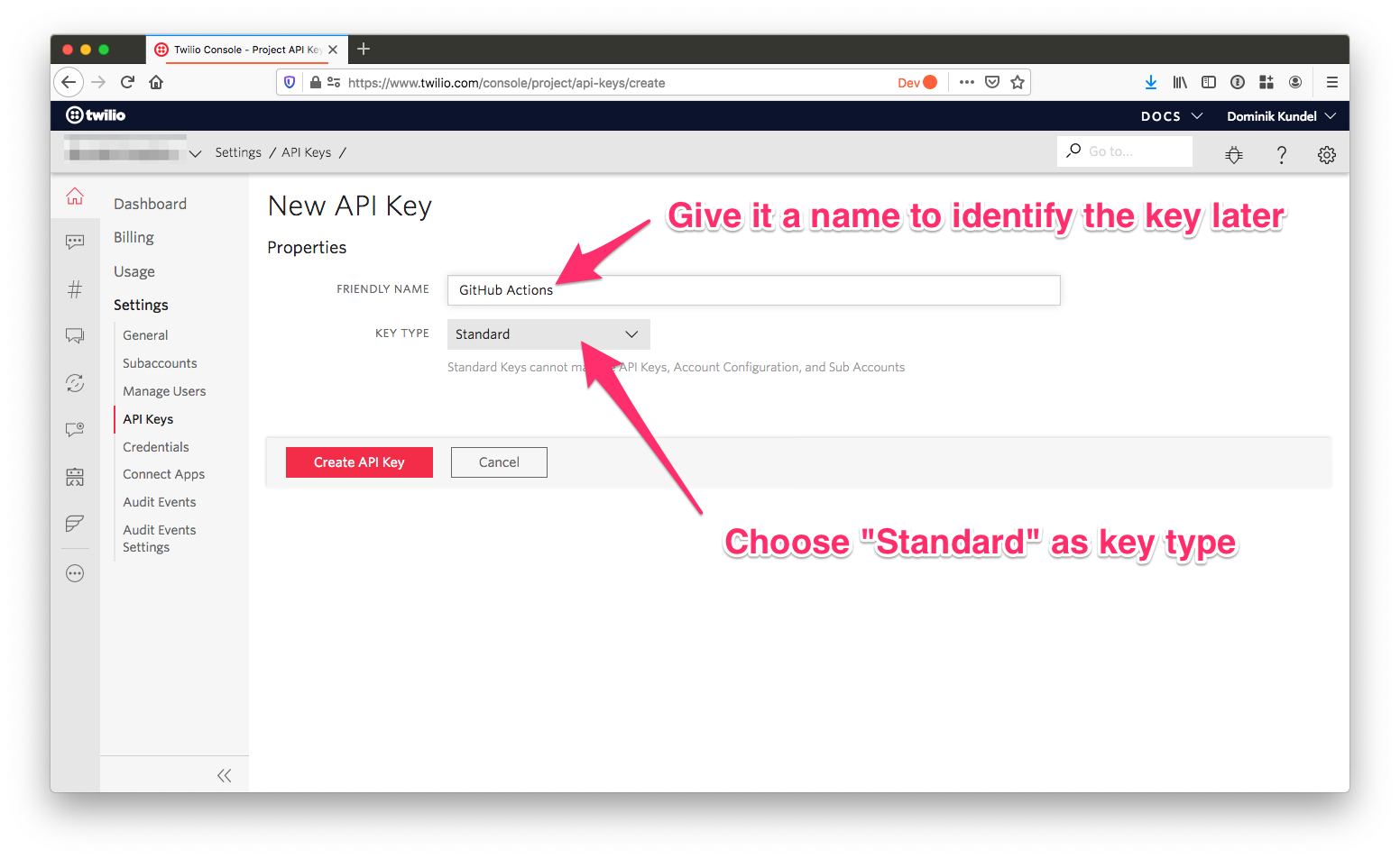 screenshot of Twilio Console highlighting the API key creation screen