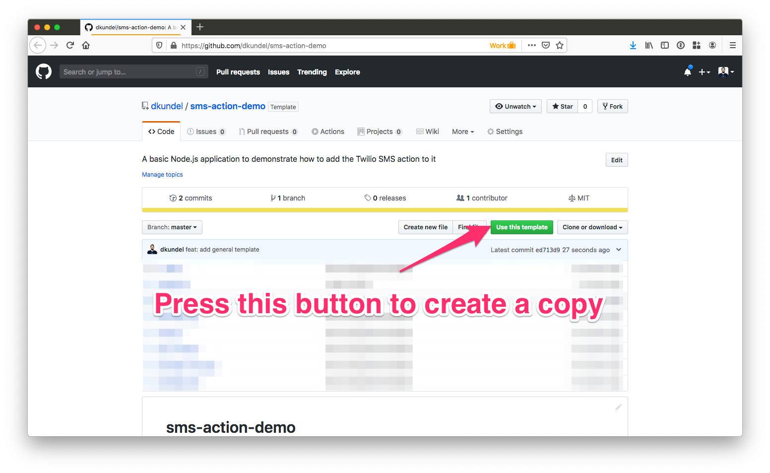 screenshot of GitHub repository screen highlighting the template button