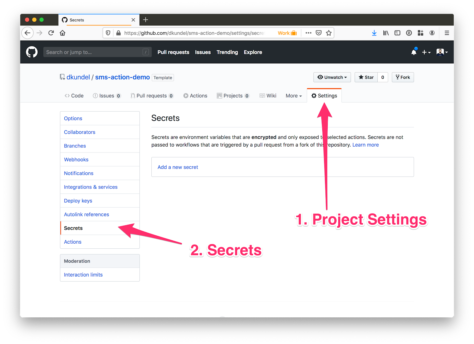 screenshot of GitHub project settings screen showing the Secrets section