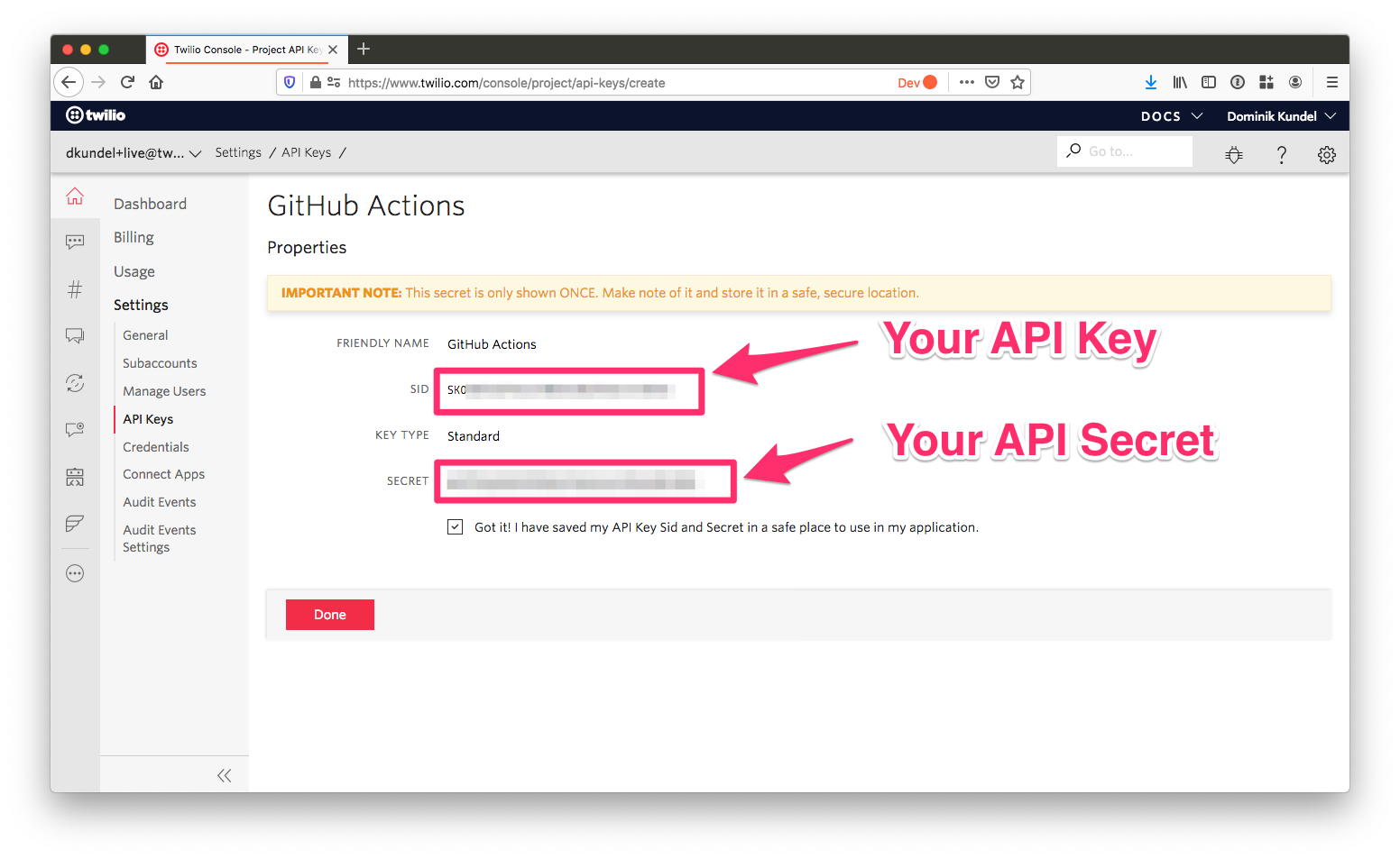 screenshot of twilio console highlighting api key and secret