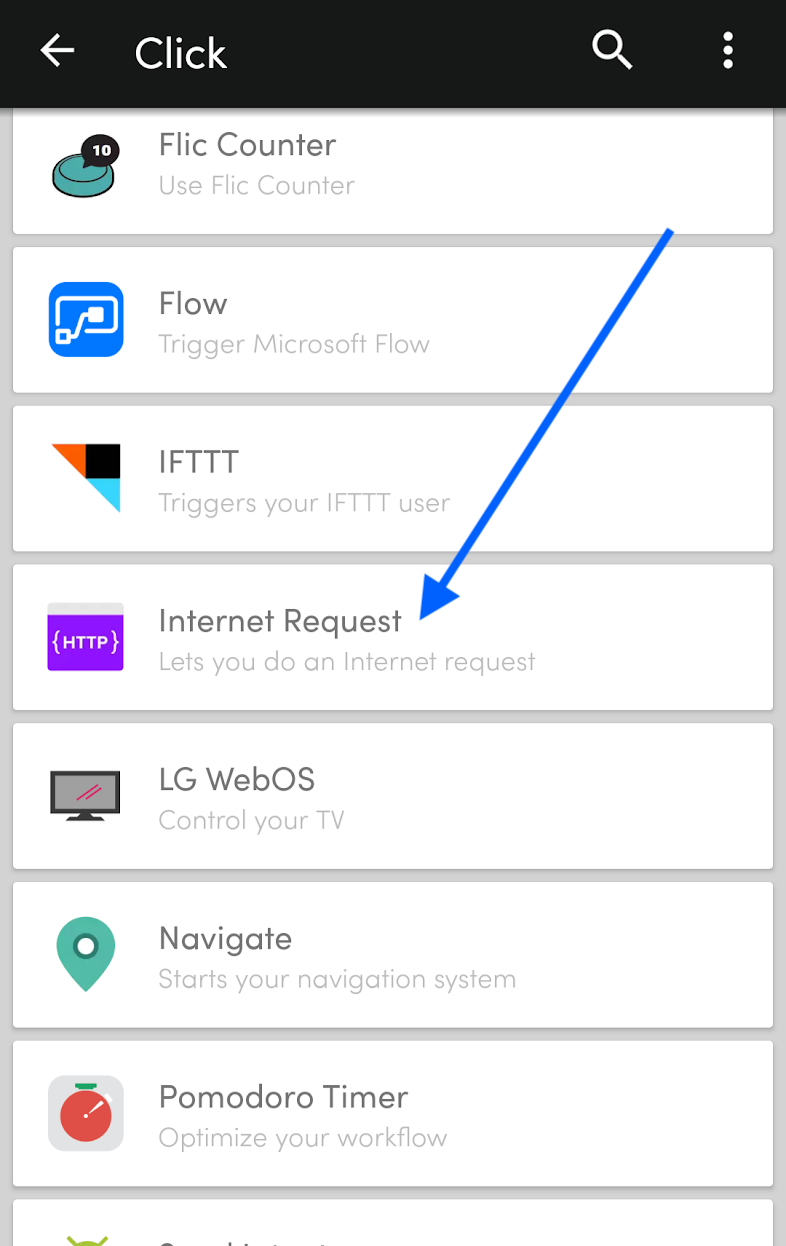 Screenshot of the Flic UI for choosing what type of action you want. We want the "Internet Request" action shown here.