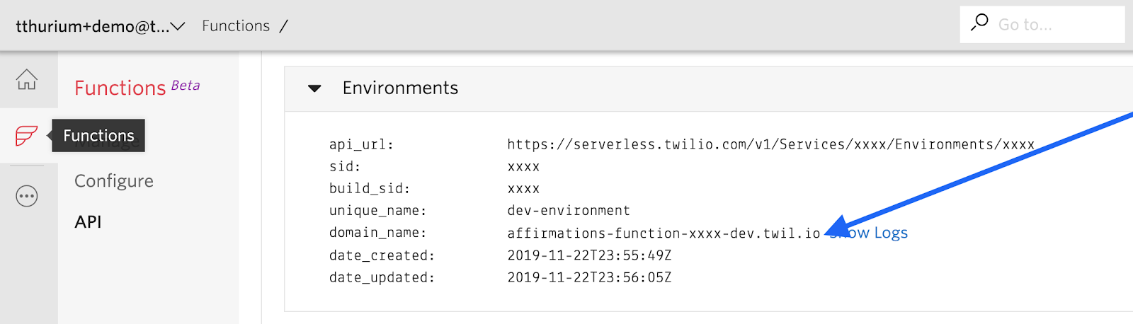 Screenshot of the Functions section of the Twilio console. Under the "Environments" header, an arrow points to a domain_name, which in this case is affirmations-function-xxxx-dev.twil.io.