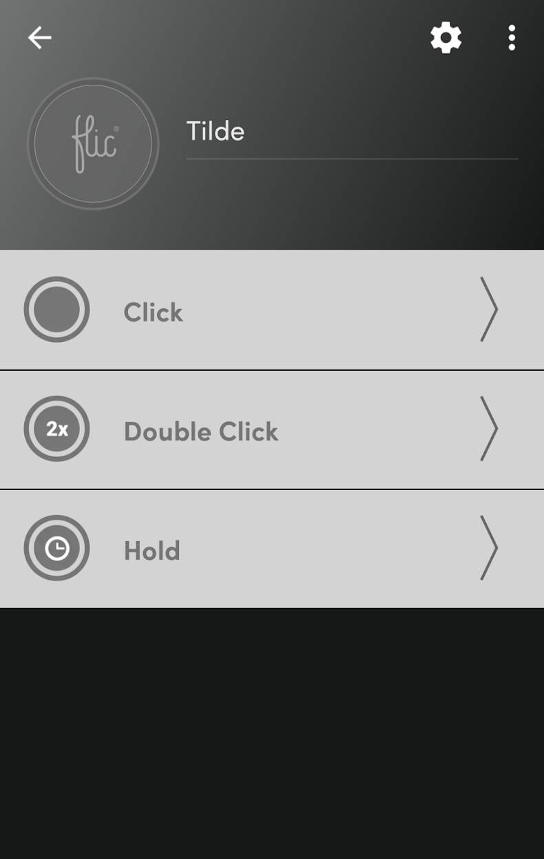 Screenshot of the Flic button UI on a phone. There are three options in a list, representing the button gestures: "Click", "Double Click", and "Hold." It really doesn&#39;t matter which one you pick.