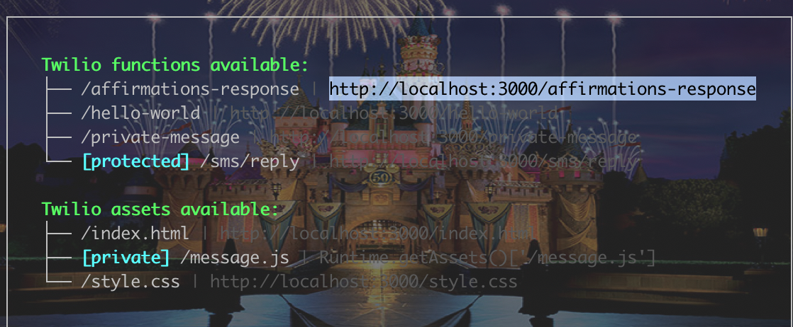 Screenshot of a terminal after running the `twilio serverless:start` command. The left side lists functions and assets available, the right side lists a URL which can be copied to a browser to test the function locally.