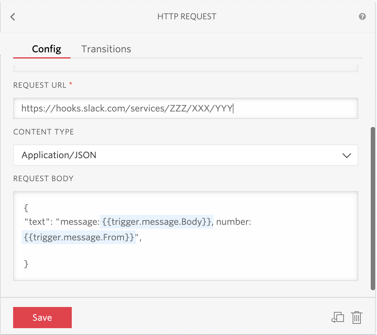 the HTTP REQUEST widget UI from Twilio Studio. There&#39;s a request URL text box, where the Slack webhook URL is pasted. A "CONTENT TYPE" menu where "Application/JSON" is selected. A "Request Body" text box where the code snippet above is pasted.