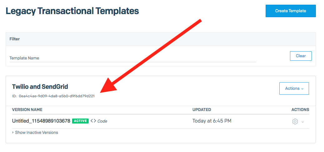 SendGrid template ID used inside code