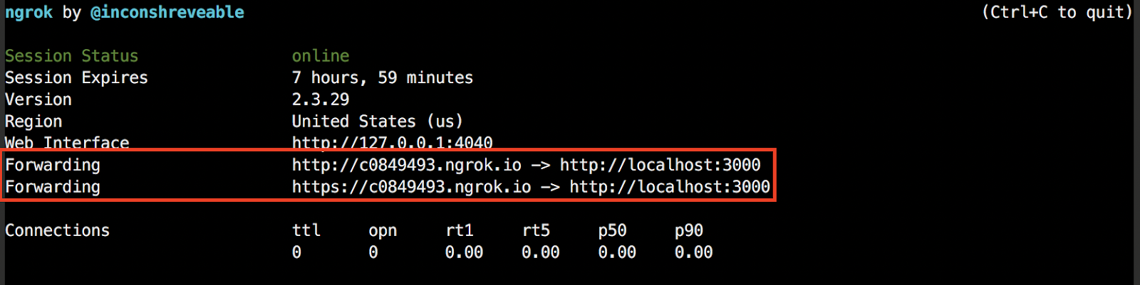 ngrok command line interface status information showing port forwarding URLs