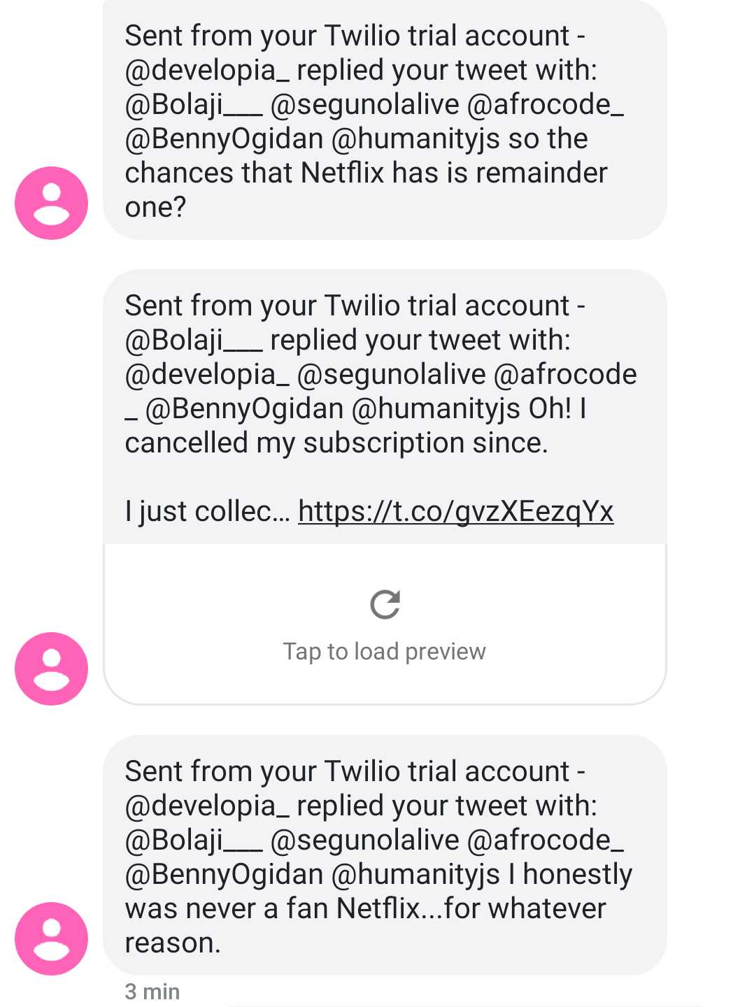 Sample SMS messages showing Twitter retweets and mentions forwarded through a custom JavaScript application using the Twitter API and Twilio SMS