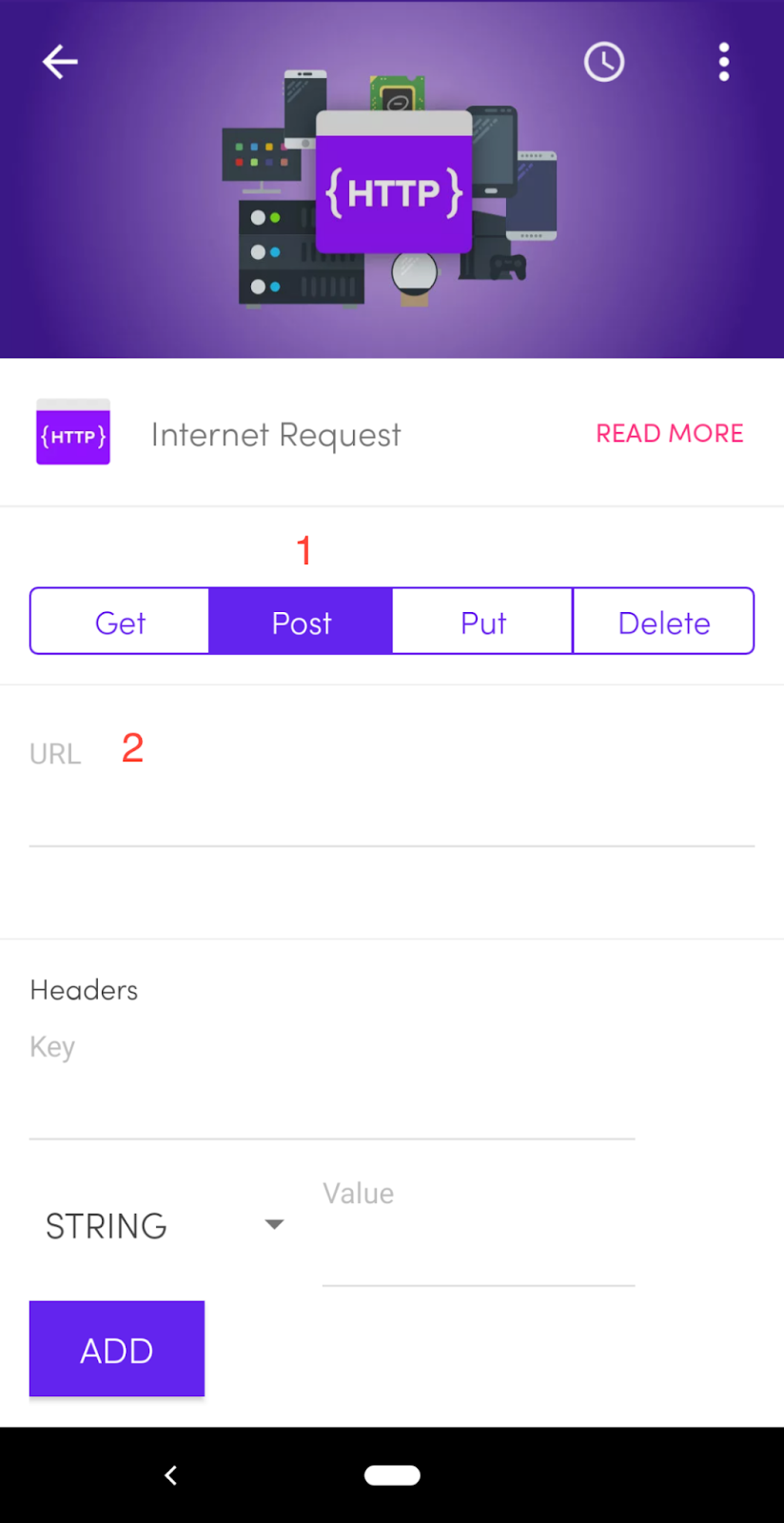 Internet request configuration screen in the Flic button app