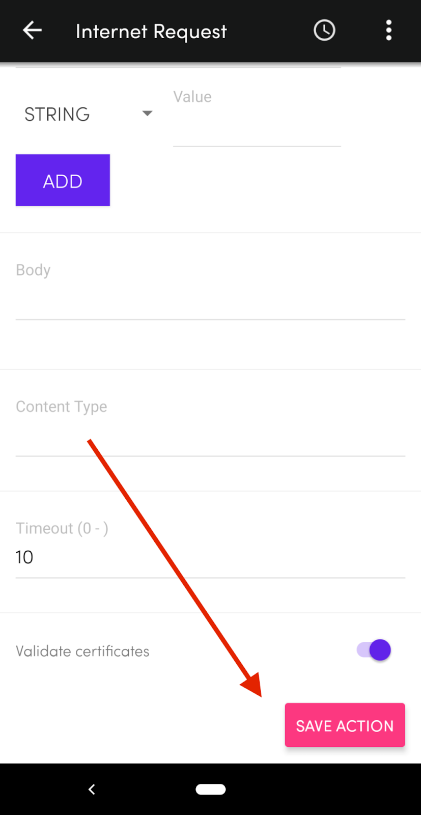 Internet request save configuration button in the Flic button app