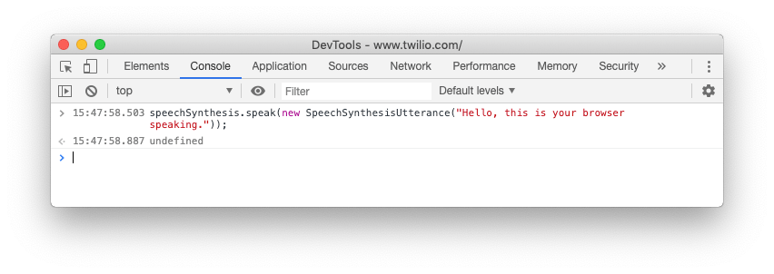 A dev tools window showing the code to run to utter some speech.