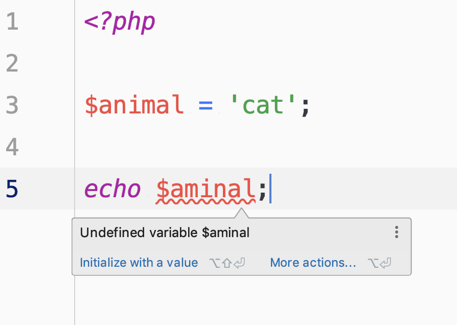 Screenshot of PhpStorm IDE showing an inspection finding an unused variable