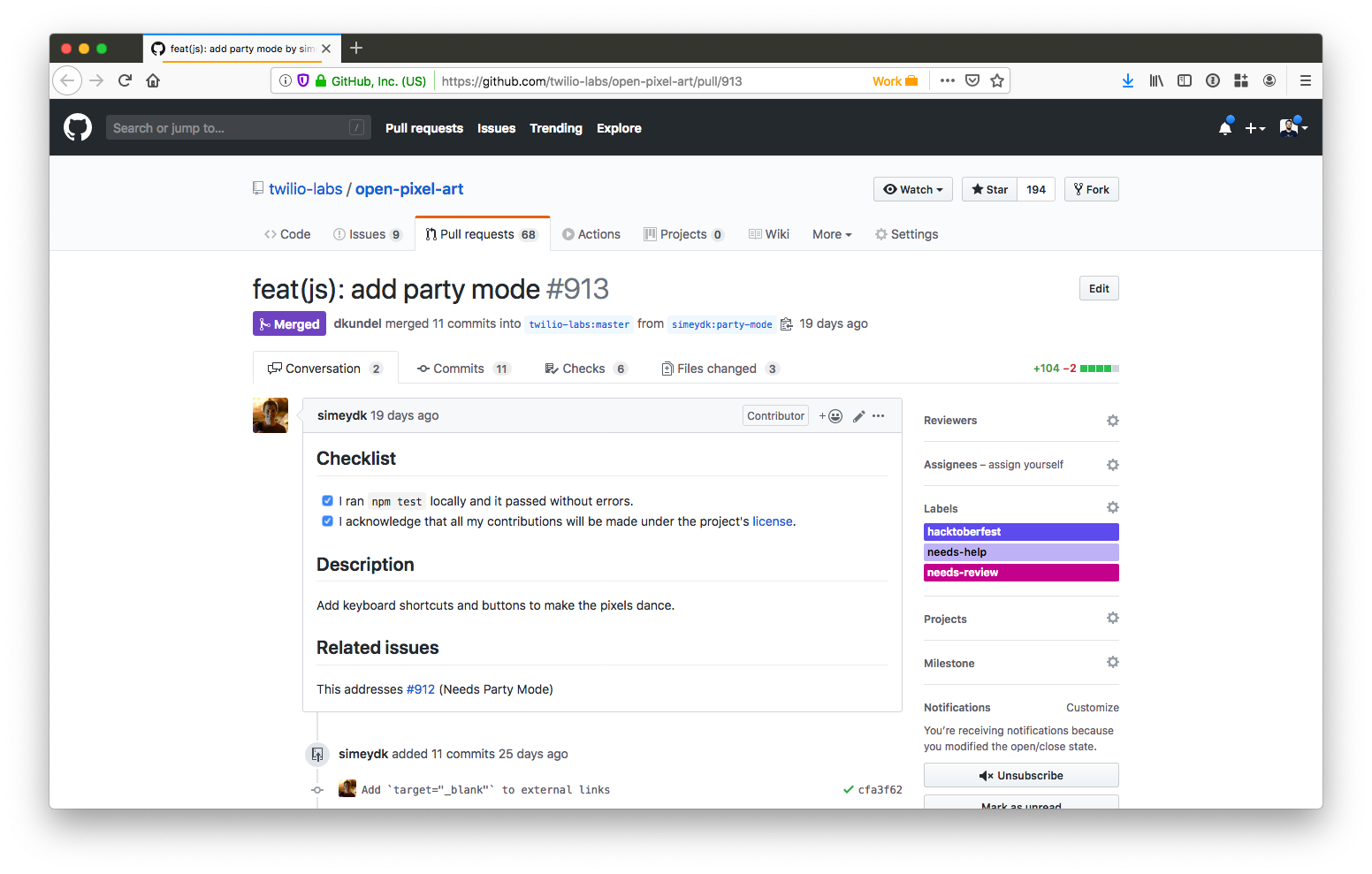 screenshot of a github pull request adding a party mode to open pixel art