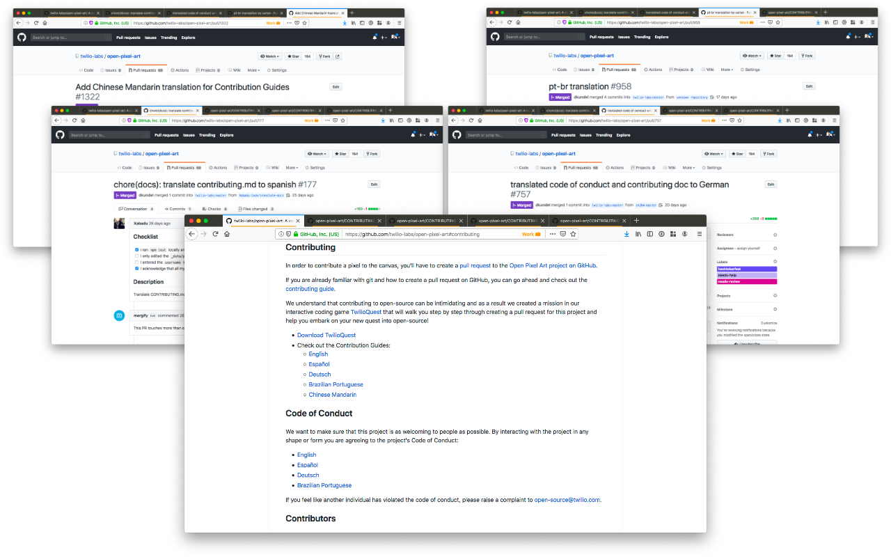 screenshot of multiple browser windows with pull requests for adding docs in multiple languages