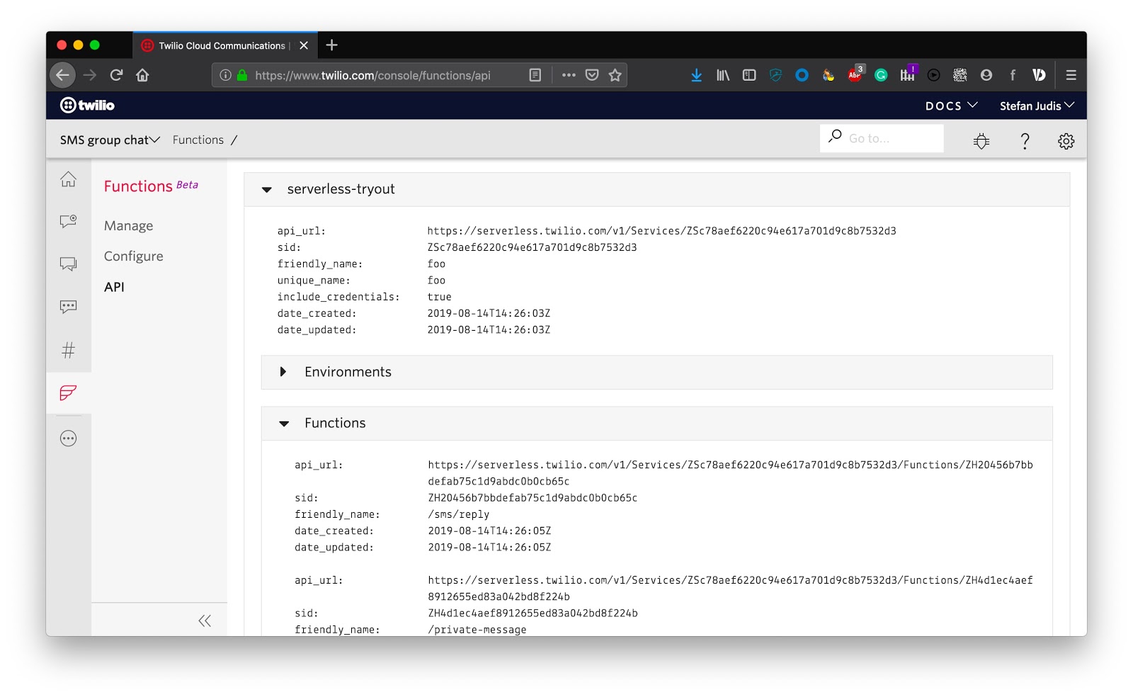 Twilio Console showing the read-only UI for Twilio API deployed functions
