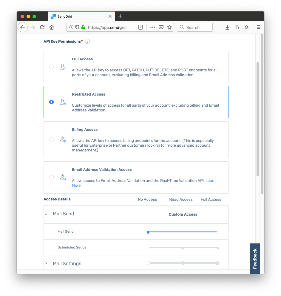 When creating an API key give it "Restricted Access" then add the "Mail Send" permission.