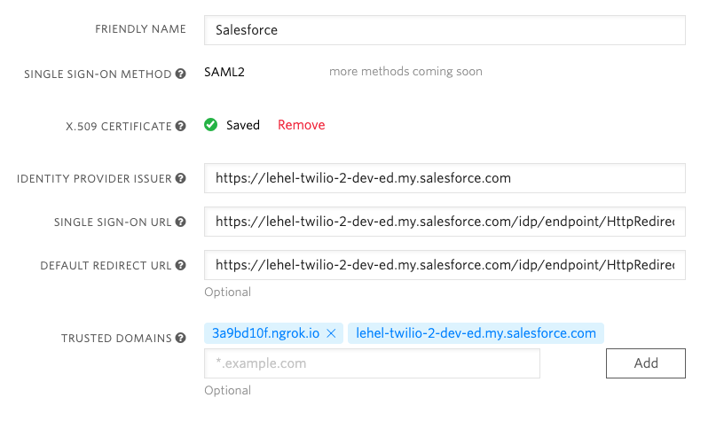 SSO admin page to connect Salesforce and Twilio
