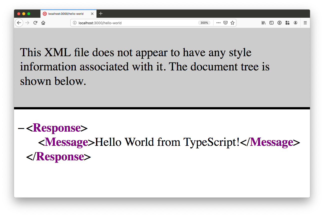 browser window screenshot with TwiML and a message "Hello World from TypeScript!" on it