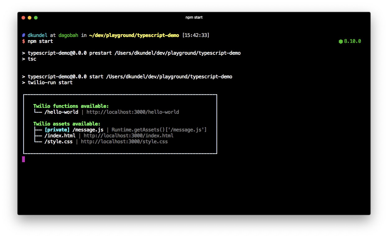 screenshot of terminal showing that tsc was executed and the output of "twilio-run start"