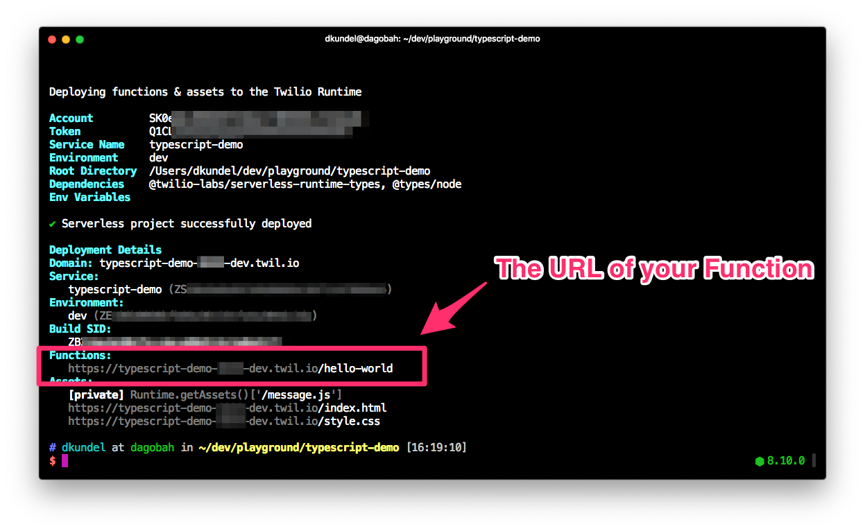 screenshot of terminal showing the deployment output and highlighting the functions URL