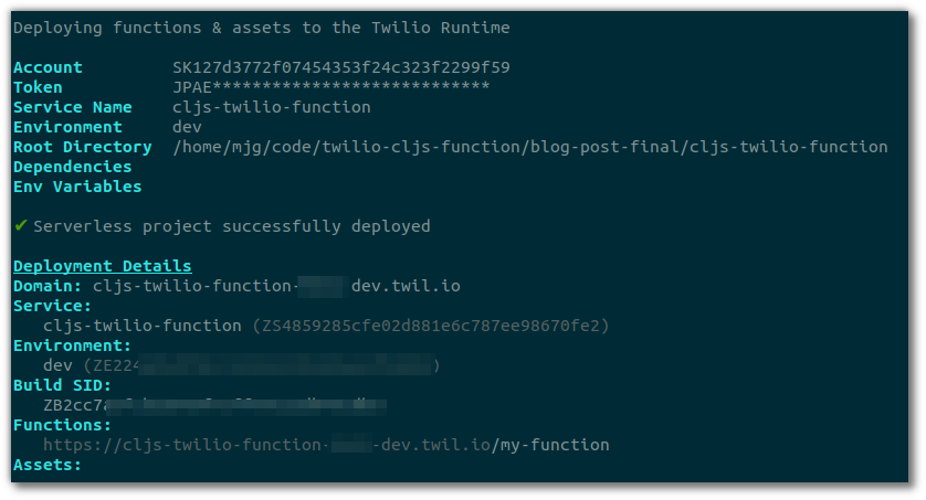 Screenshot of the output of "twilio serverless:deploy"