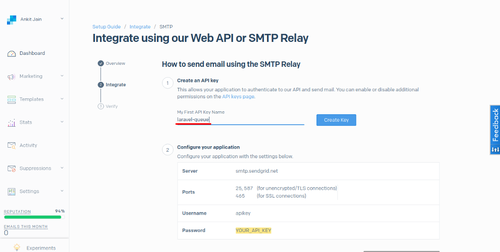 Captura de pantalla de SendGrid con SMTP Relay tutorial paso a paso
