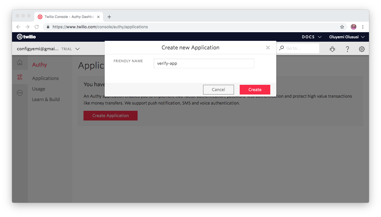 Authy create new application