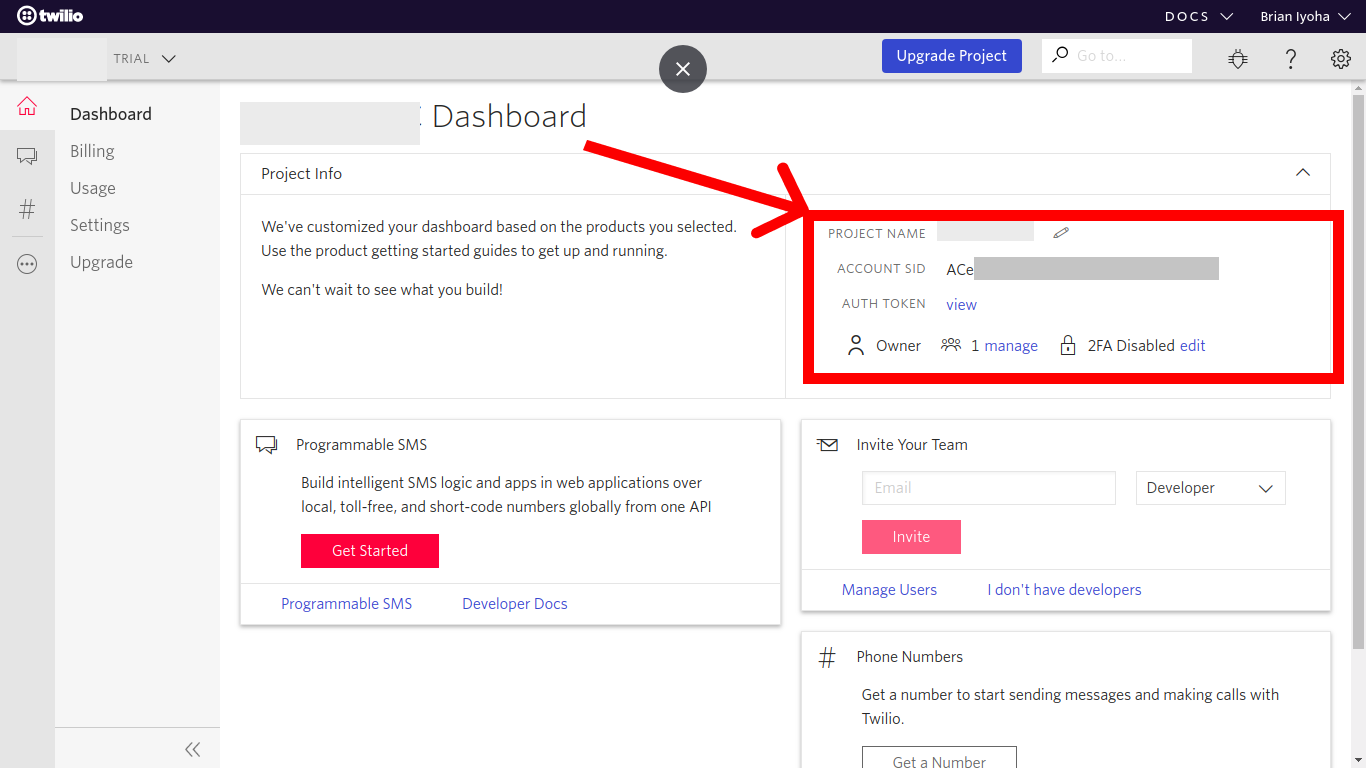 Twilio Console Dashboard