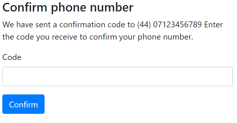 Confirm phone number screen
