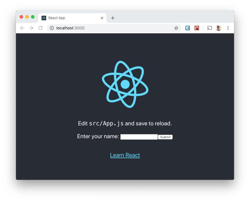 The initial page shows the React logo and a form