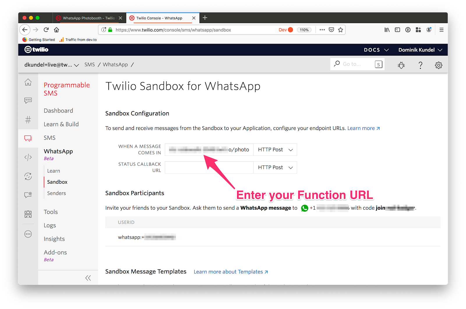 Screenshot of the Twilio WhatsApp sandbox indicating to paste your Functions URL into the webhook field