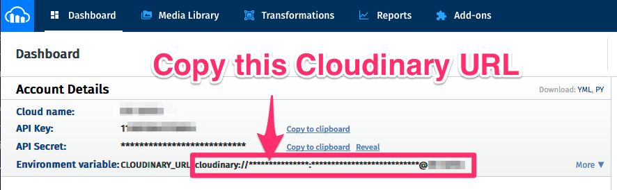 Screenshot of the Cloudinary dashboard highlighting the URL starting with cloudinary://