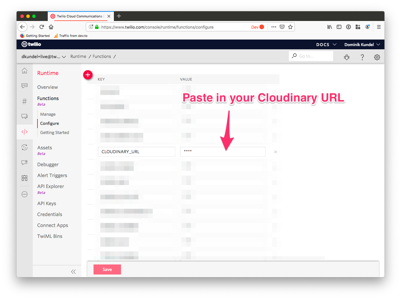 Screenshot of the environment variables in Twilio Functions to indicate pasting your Cloudinary URL