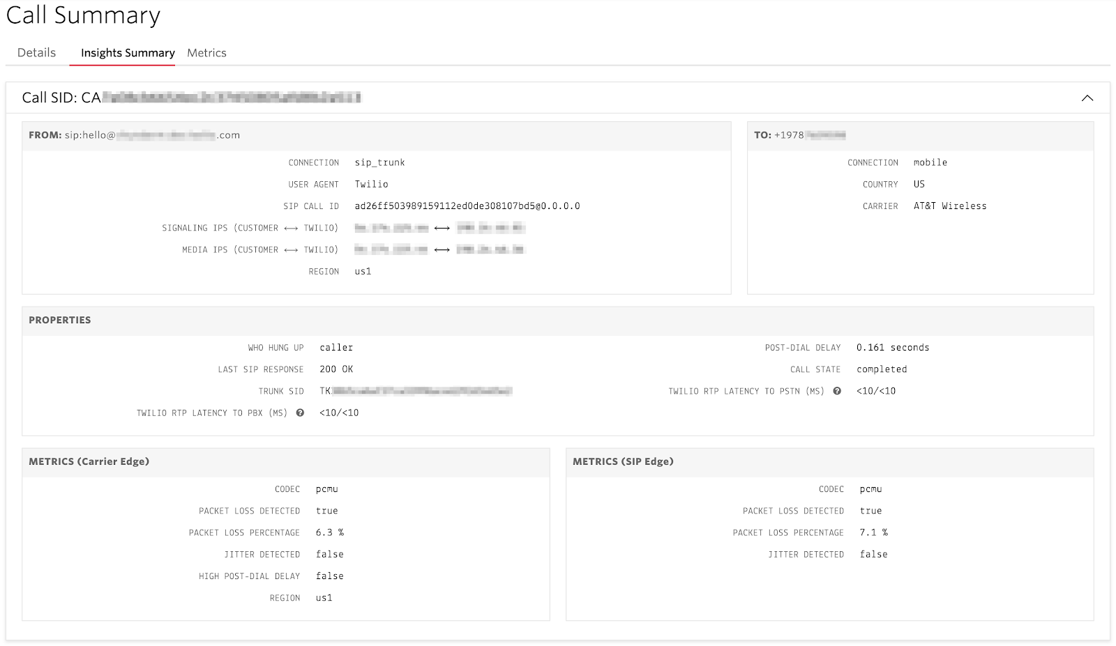 View of a Call Summary