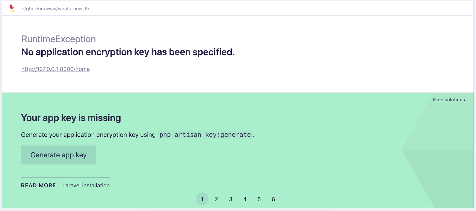 Screenshot of Ignition detecting a missing app key, and suggesting to generate a new app key itself