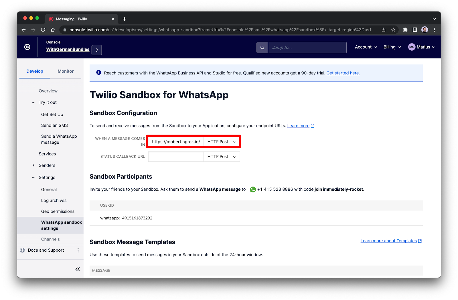 Twilio Sandbox for WhatsApp configuration screenshot