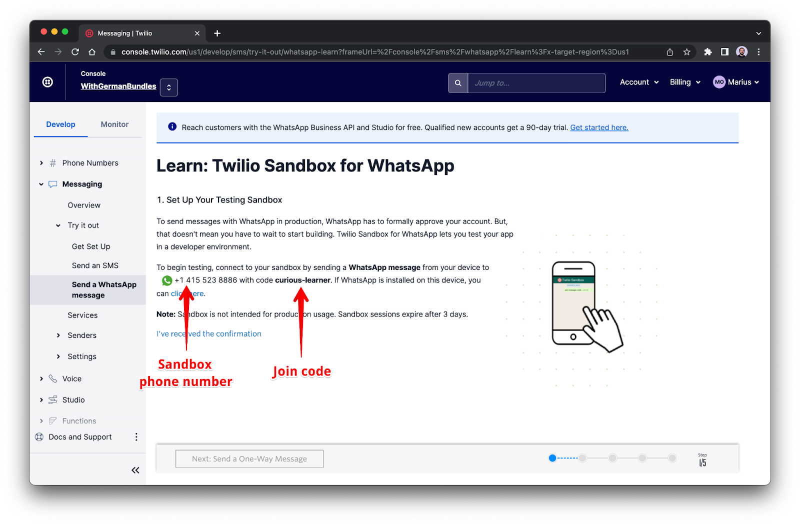 WhatsApp Sandbox set up screenshot