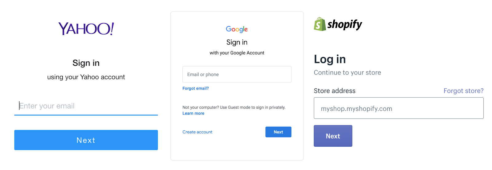 yahoo, google, shopify login screens split username showing next