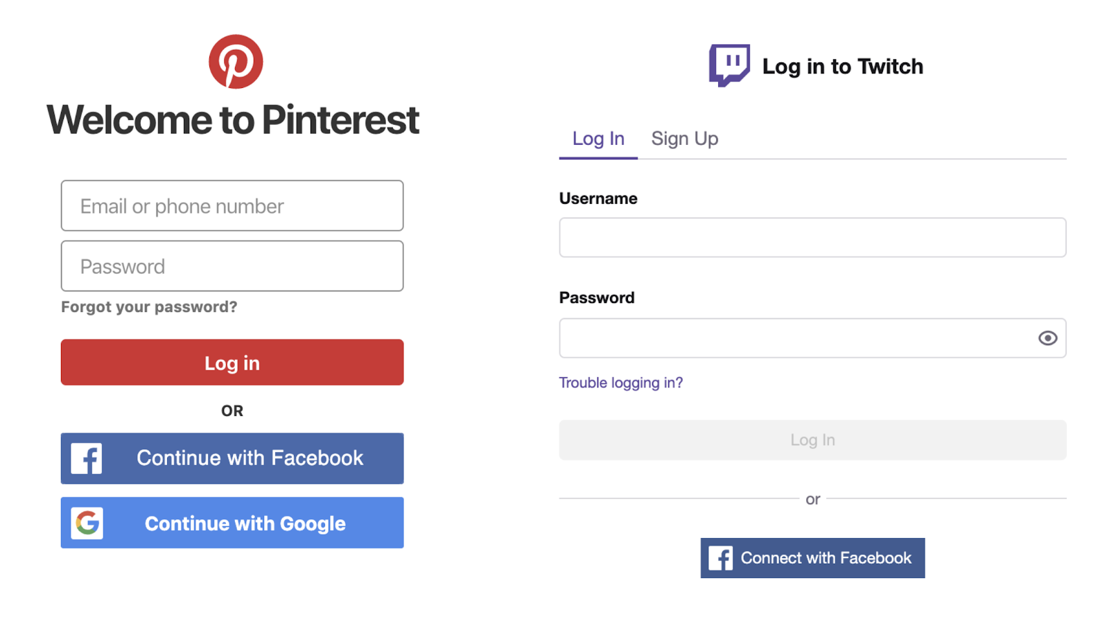 pinterest and twitch login with social login button options